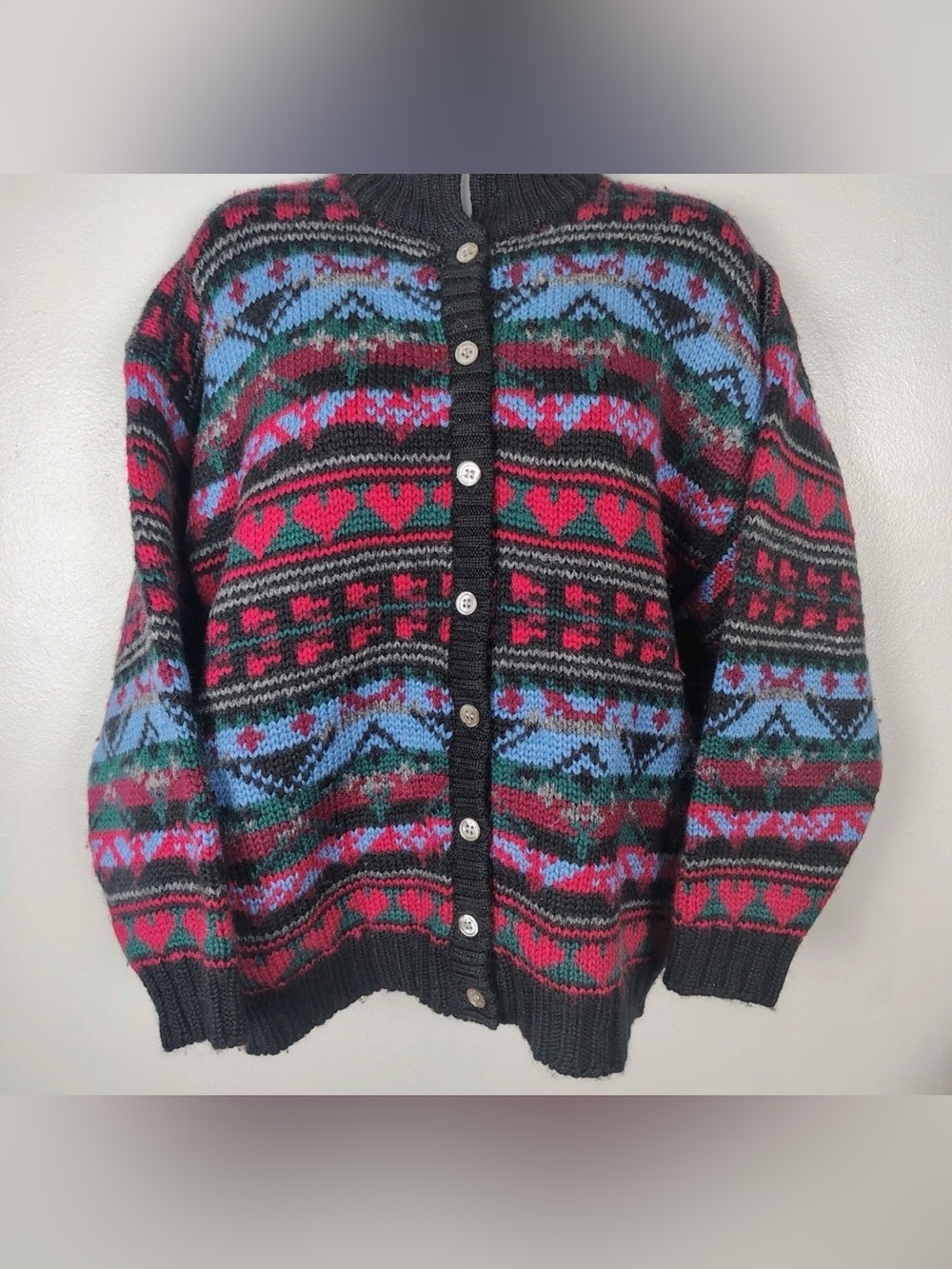 Easton Black Red Blue Green Heart Fair Isle Button-Up Cardigan